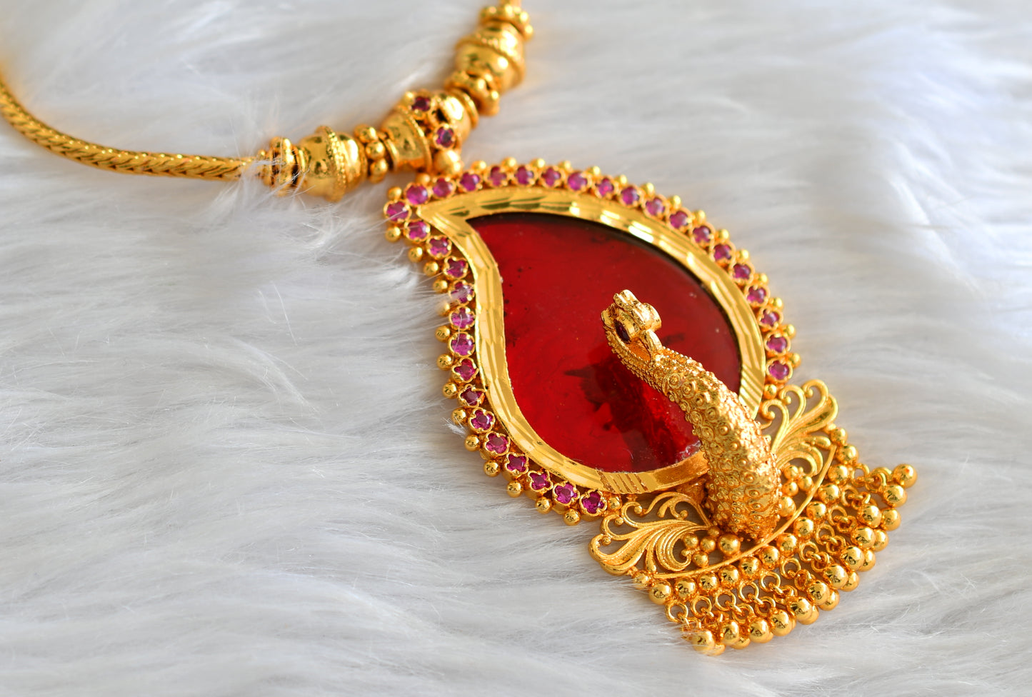 Gold tone kerala style pink-red mango peacock necklace dj-43235