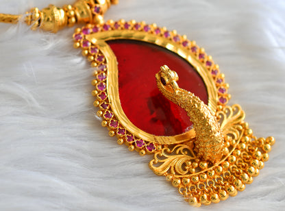 Gold tone kerala style pink-red mango peacock necklace dj-43235