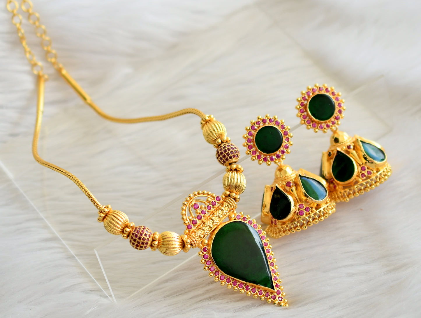 Gold tone kerala style ad pink-green gopi necklace set dj-44753