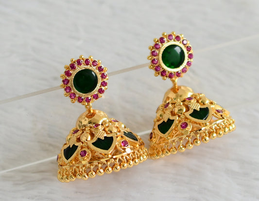 Gold tone ad pink-green 6 petal palakka big jhumkka dj-48115