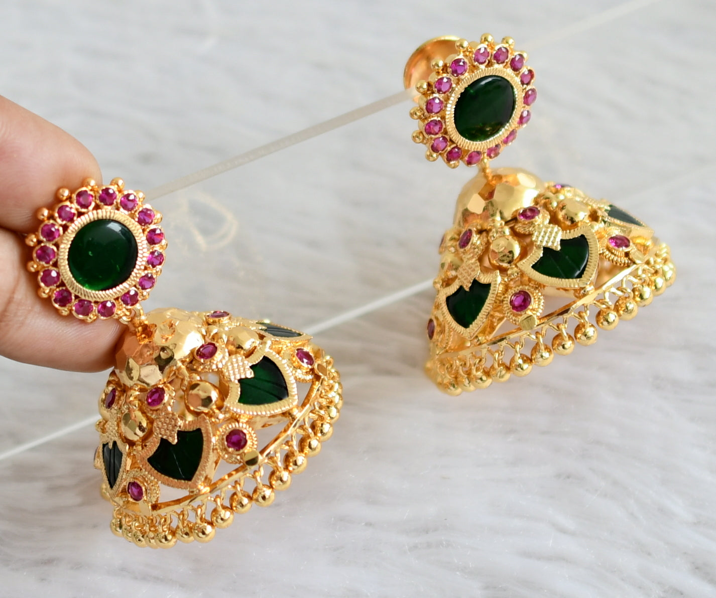 Gold tone ad pink-green 6 petal palakka big jhumkka dj-48115