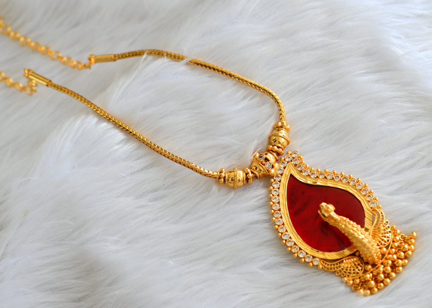 Gold tone kerala style red-white mango peacock necklace dj-43237