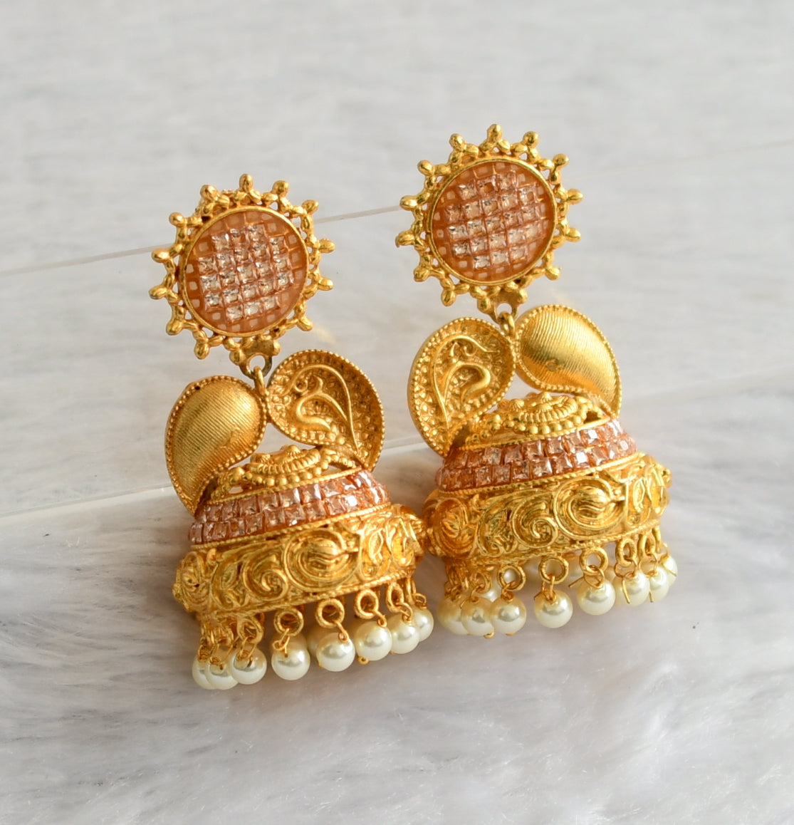 Matte finish gold color stone pearl mango jhumkka dj-03853