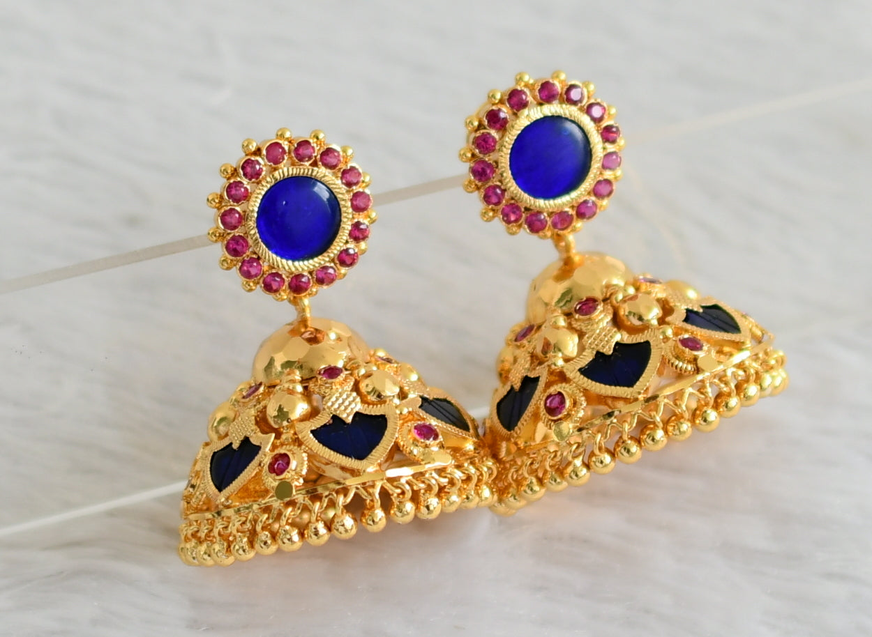 Gold tone ad pink-blue 6 petal palakka big jhumkka dj-48116