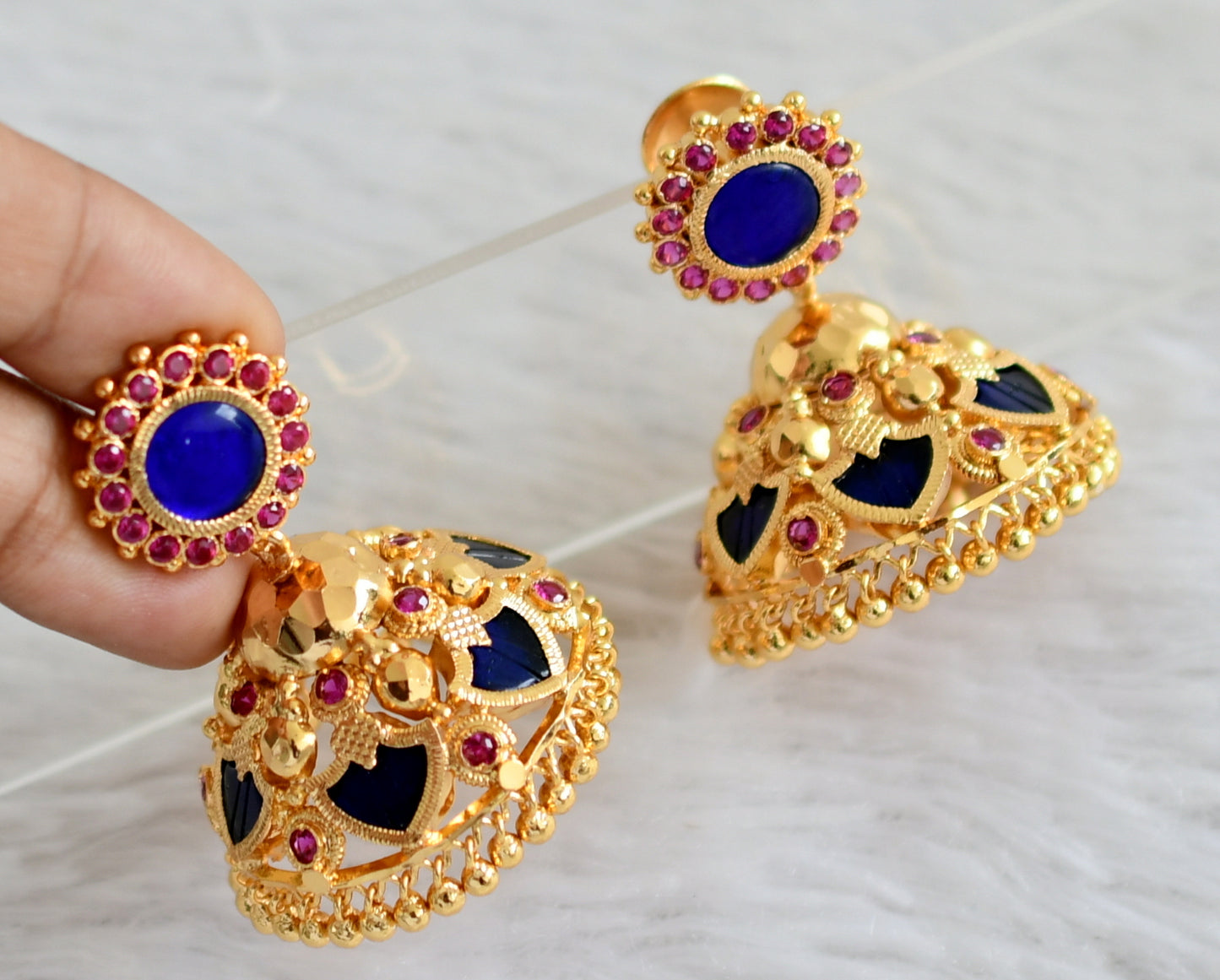 Gold tone ad pink-blue 6 petal palakka big jhumkka dj-48116