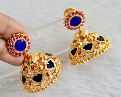 Gold tone ad pink-blue 6 petal palakka big jhumkka dj-48116