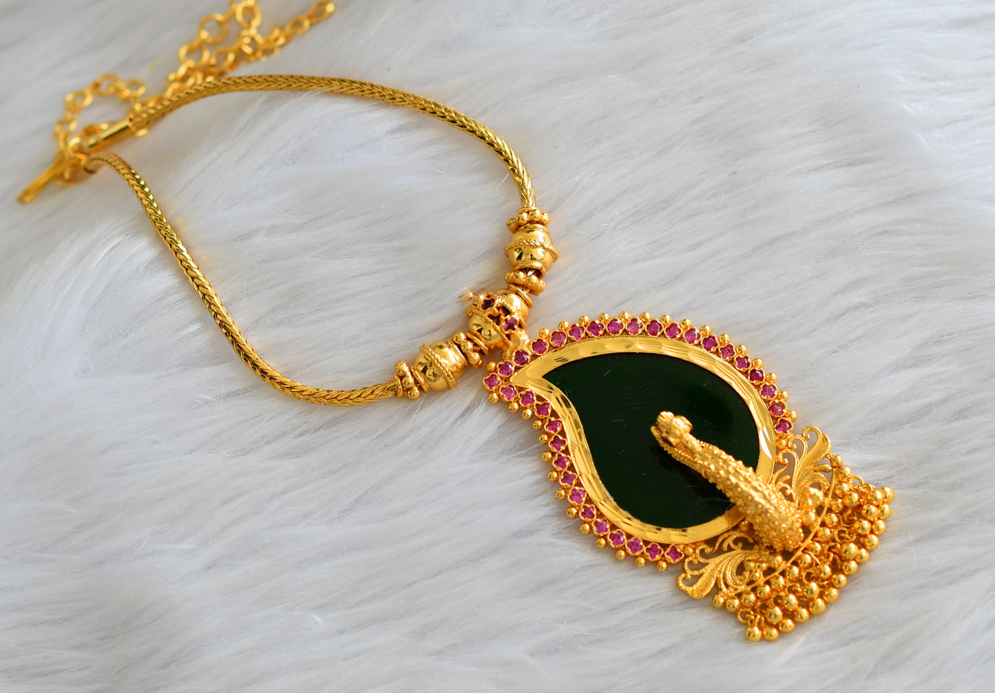 Gold tone kerala style pink-green mango peacock necklace dj-43234