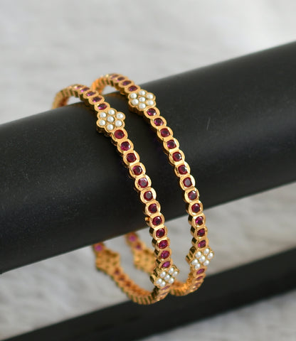 Gold tone ad pink-pearl south indian flower bangles(2.6) dj-48123