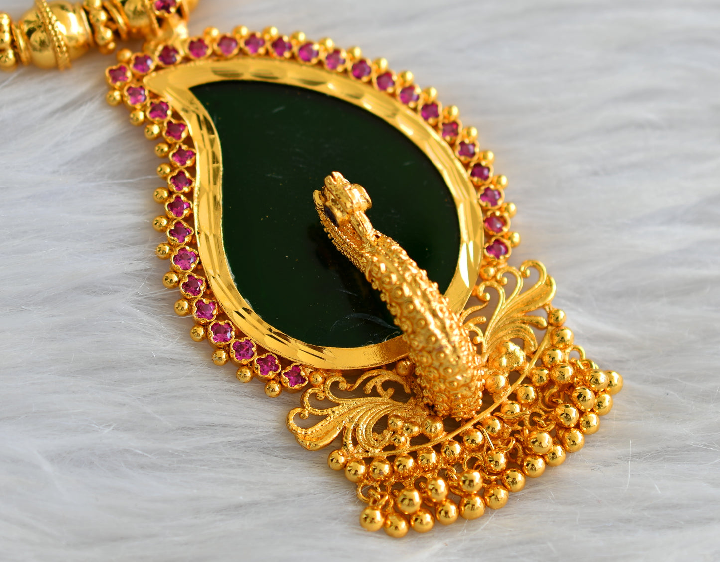 Gold tone kerala style pink-green mango peacock necklace dj-43234