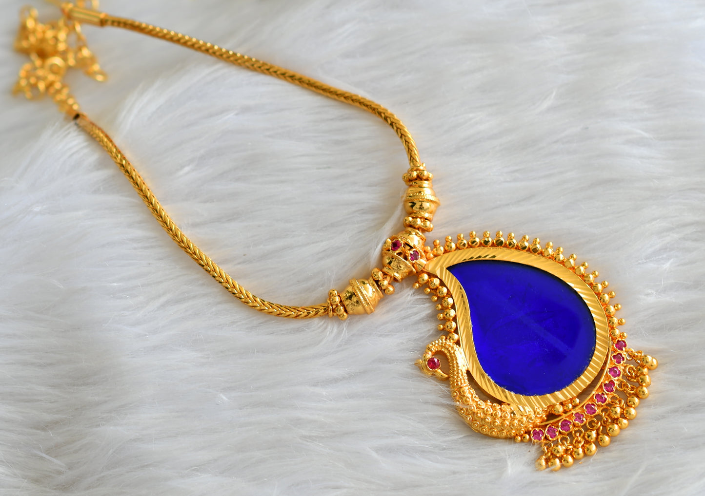 Gold tone pink-blue kerala style peacock necklace dj-43241