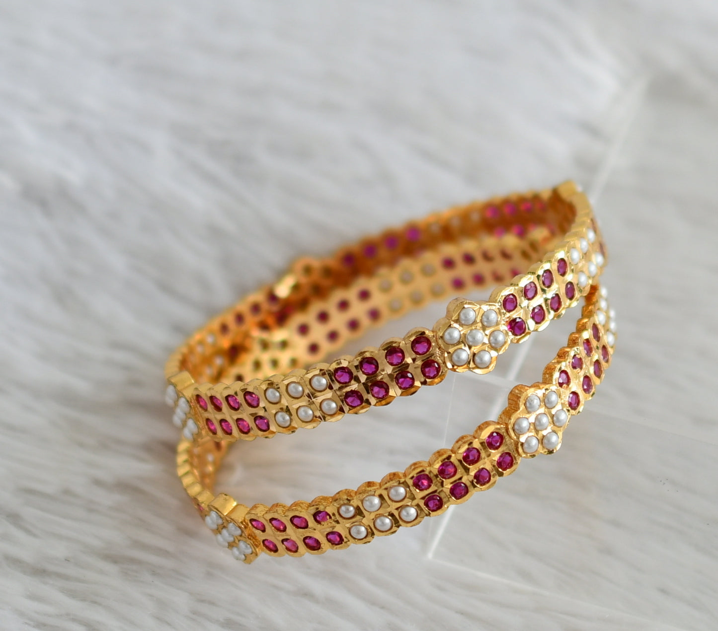 Gold tone ad pink-pearl south indian flower bangles(2.6) dj-48121