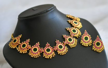 Gold tone kerala style ad pink-green round necklace set dj-44756