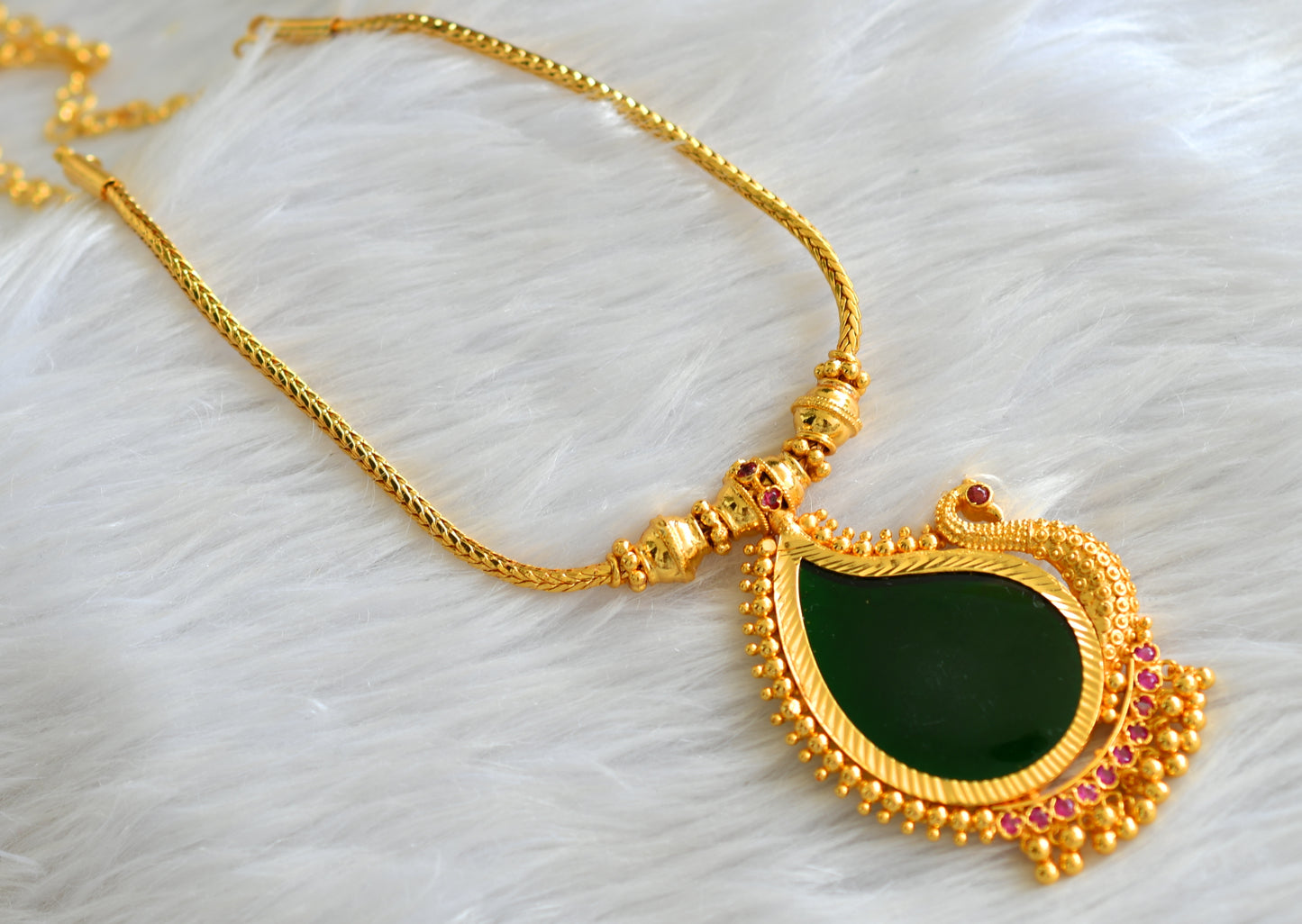 Gold tone pink-green kerala style peacock necklace dj-43239