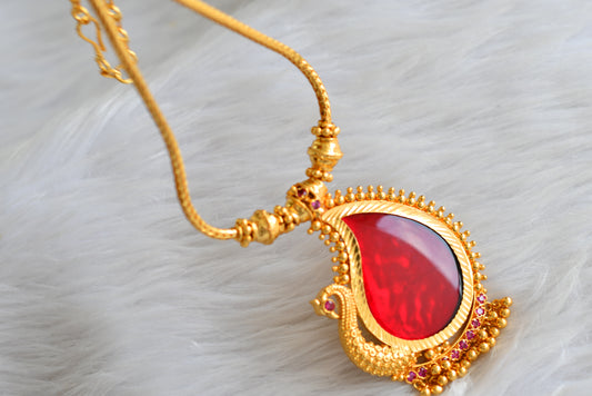 Gold tone pink-red kerala style peacock necklace dj-43240