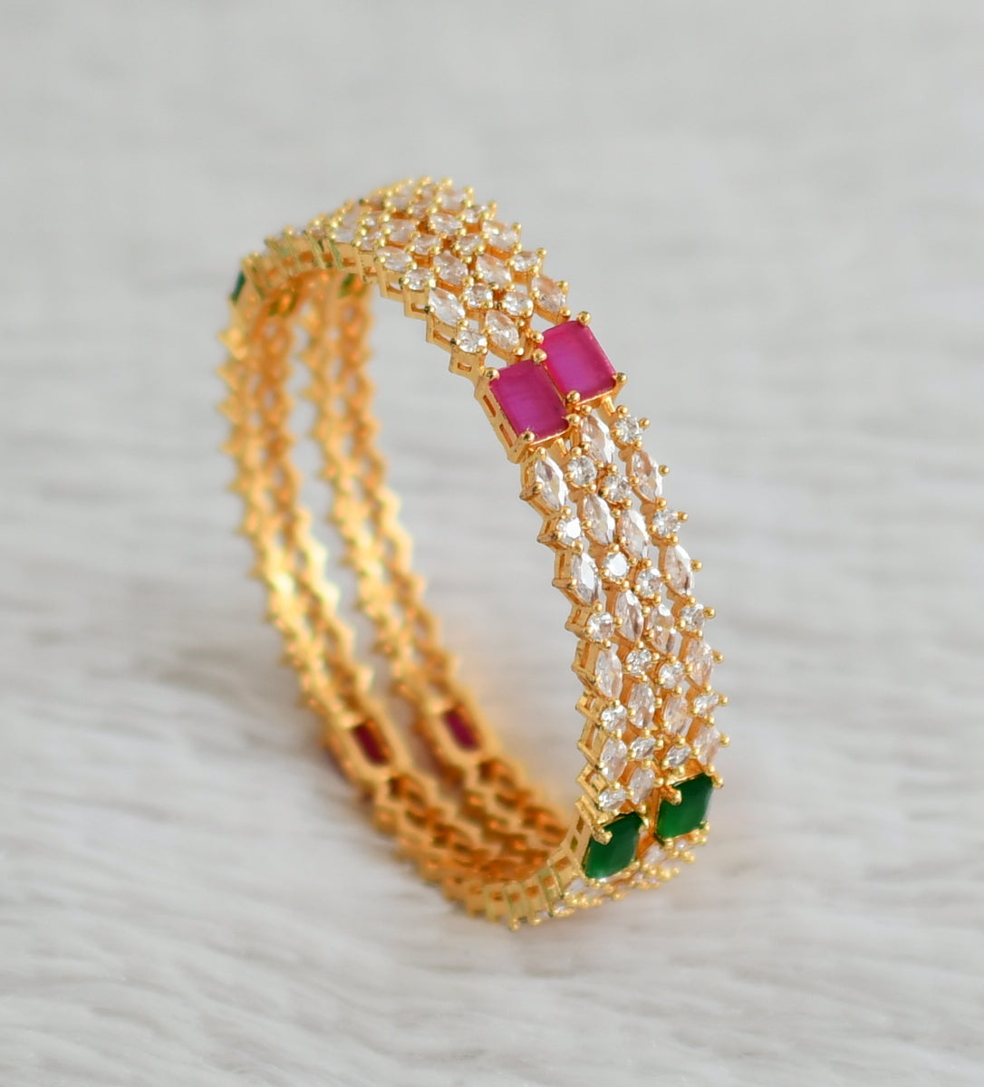 Gold tone ruby-green-white block stone bangles(2.8) dj-48158