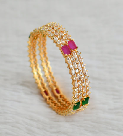 Gold tone ruby-green-white block stone bangles(2.6) dj-48157