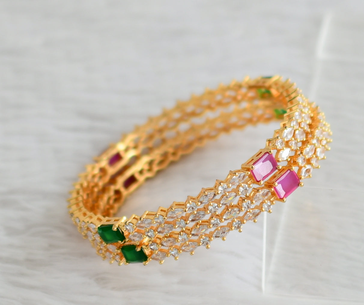 Gold tone ruby-green-white block stone bangles(2.6) dj-48157