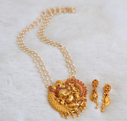 Matte finish ruby Ganesha-peacock pendant pearl necklace set dj-37690