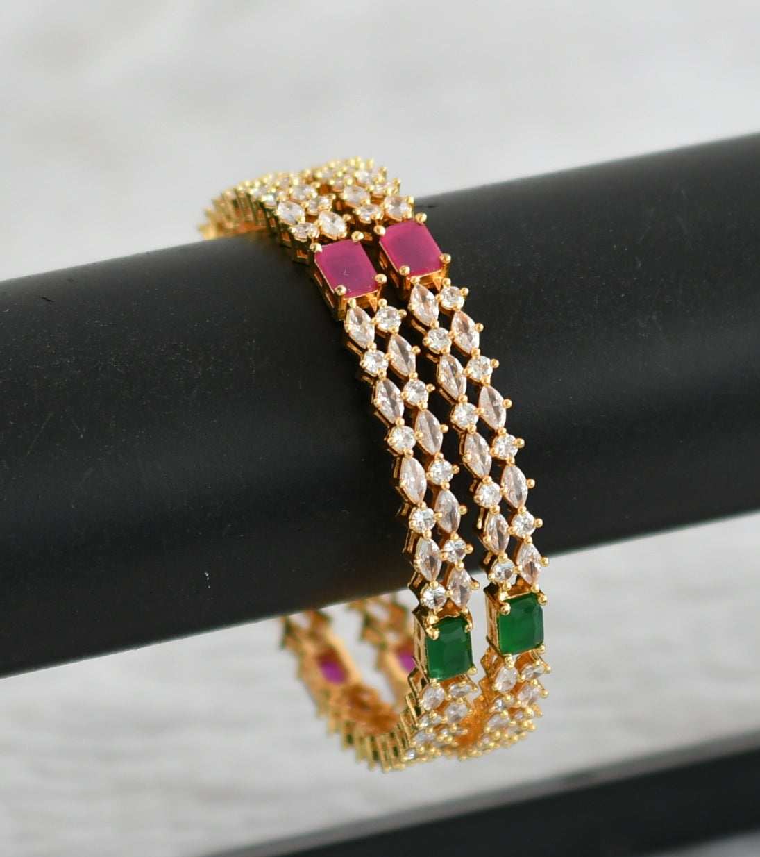 Gold tone ruby-green-white block stone bangles(2.6) dj-48157