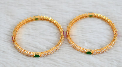 Gold tone ruby-green-white block stone bangles(2.8) dj-48158