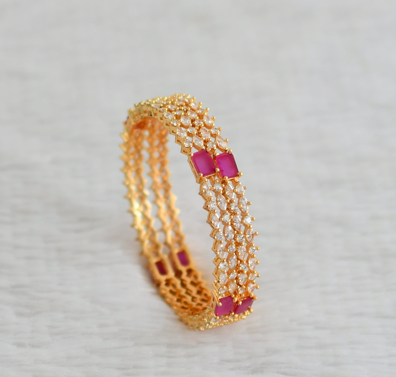 Gold tone ruby-white block stone bangles(2.4) dj-48161