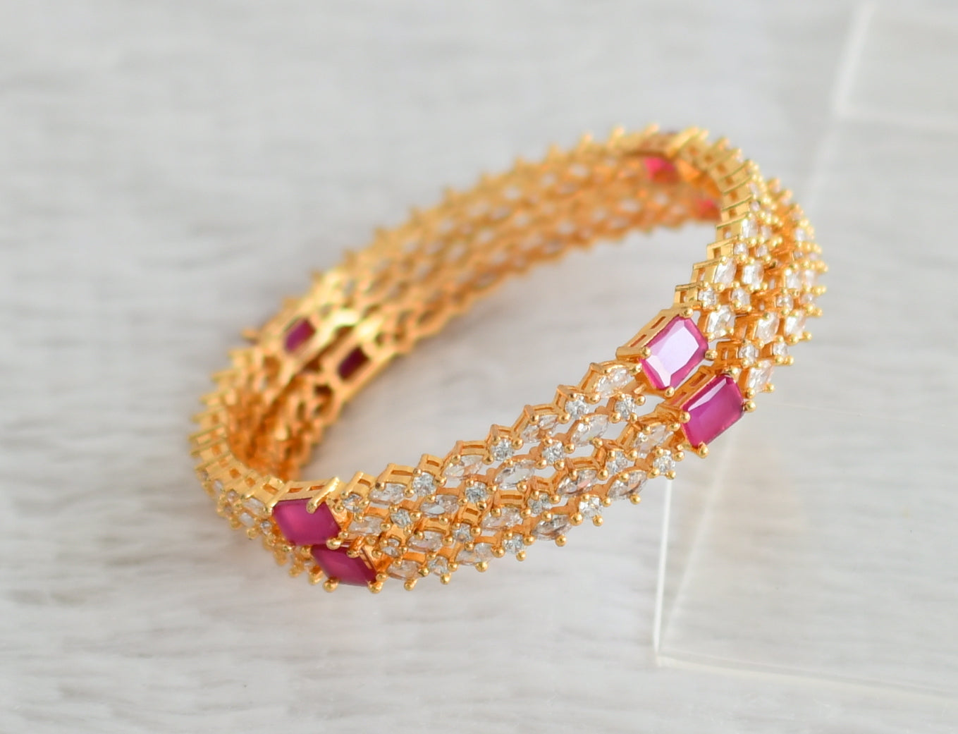 Gold tone ruby-white block stone bangles(2.4) dj-48161