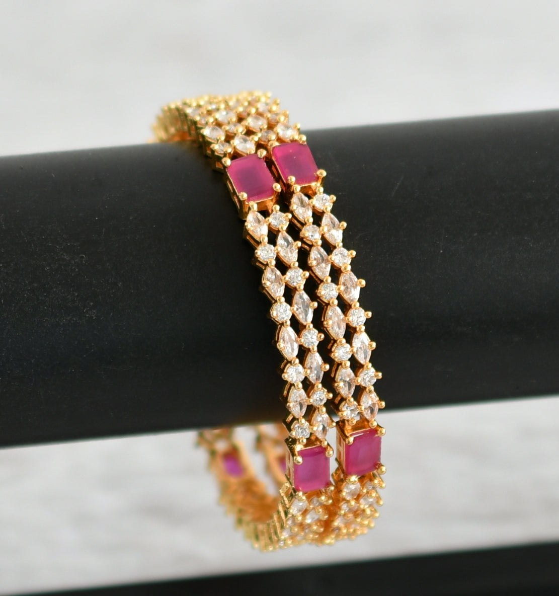 Gold tone ruby-white block stone bangles(2.8) dj-48163