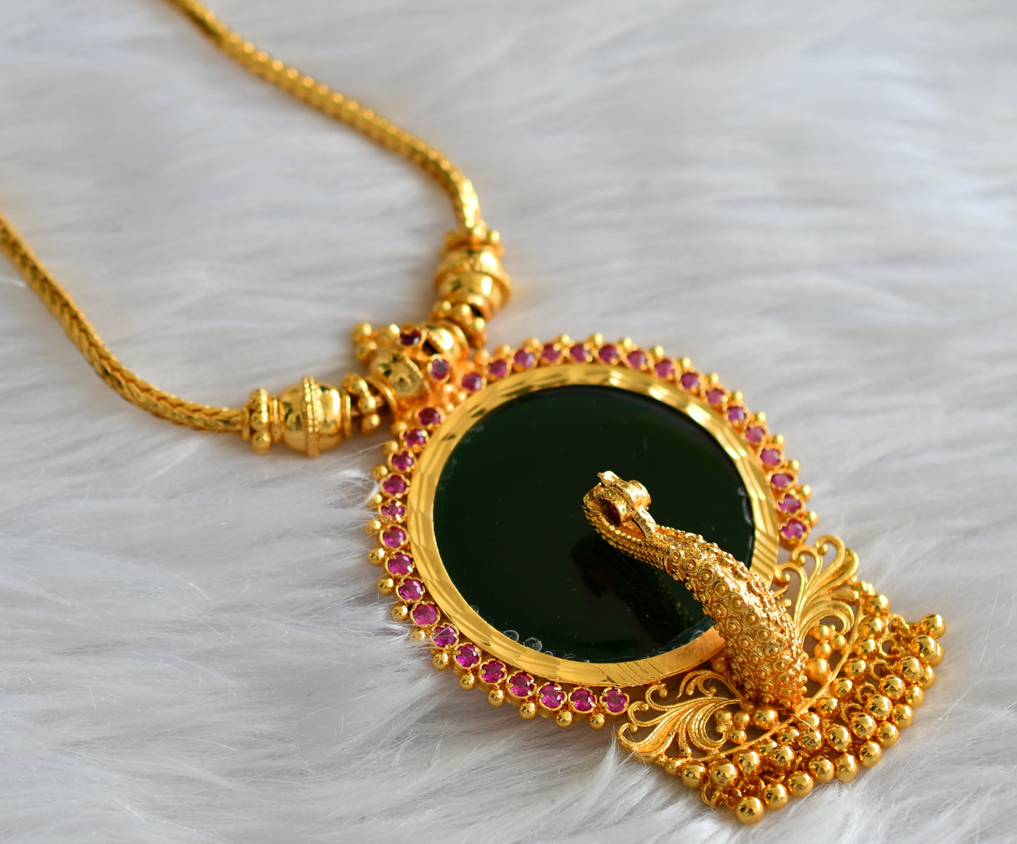 Gold tone kerala style pink-green peacock round necklace dj-43230