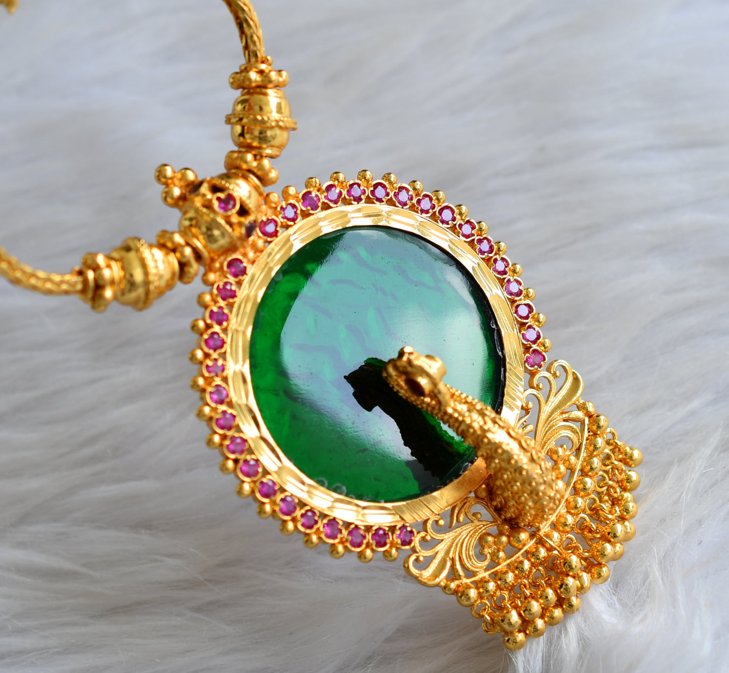 Gold tone kerala style pink-green peacock round necklace dj-43230