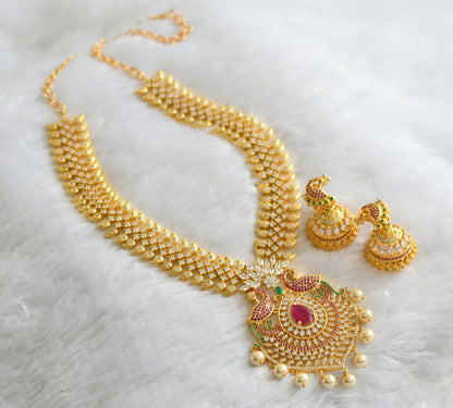 Gold Tone Cz-ruby-emerald Peacock Necklace Set-dj03819