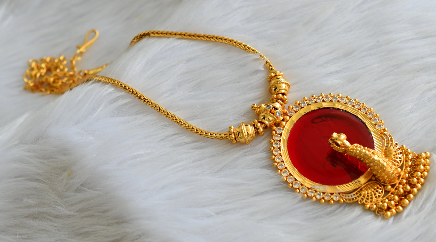 Gold tone kerala style red-white peacock round necklace dj-43232