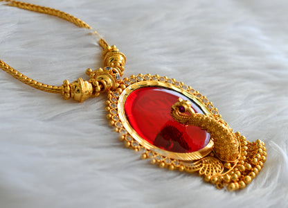 Gold tone kerala style red-white peacock round necklace dj-43232