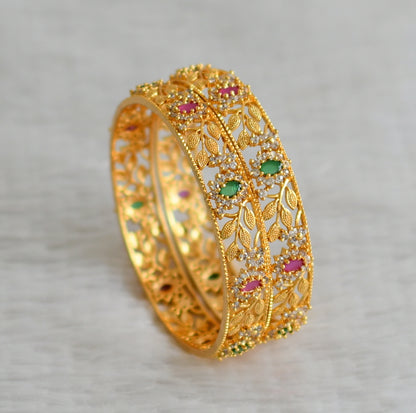 Gold tone ruby-green-white flower bangles(2.6) dj-48136