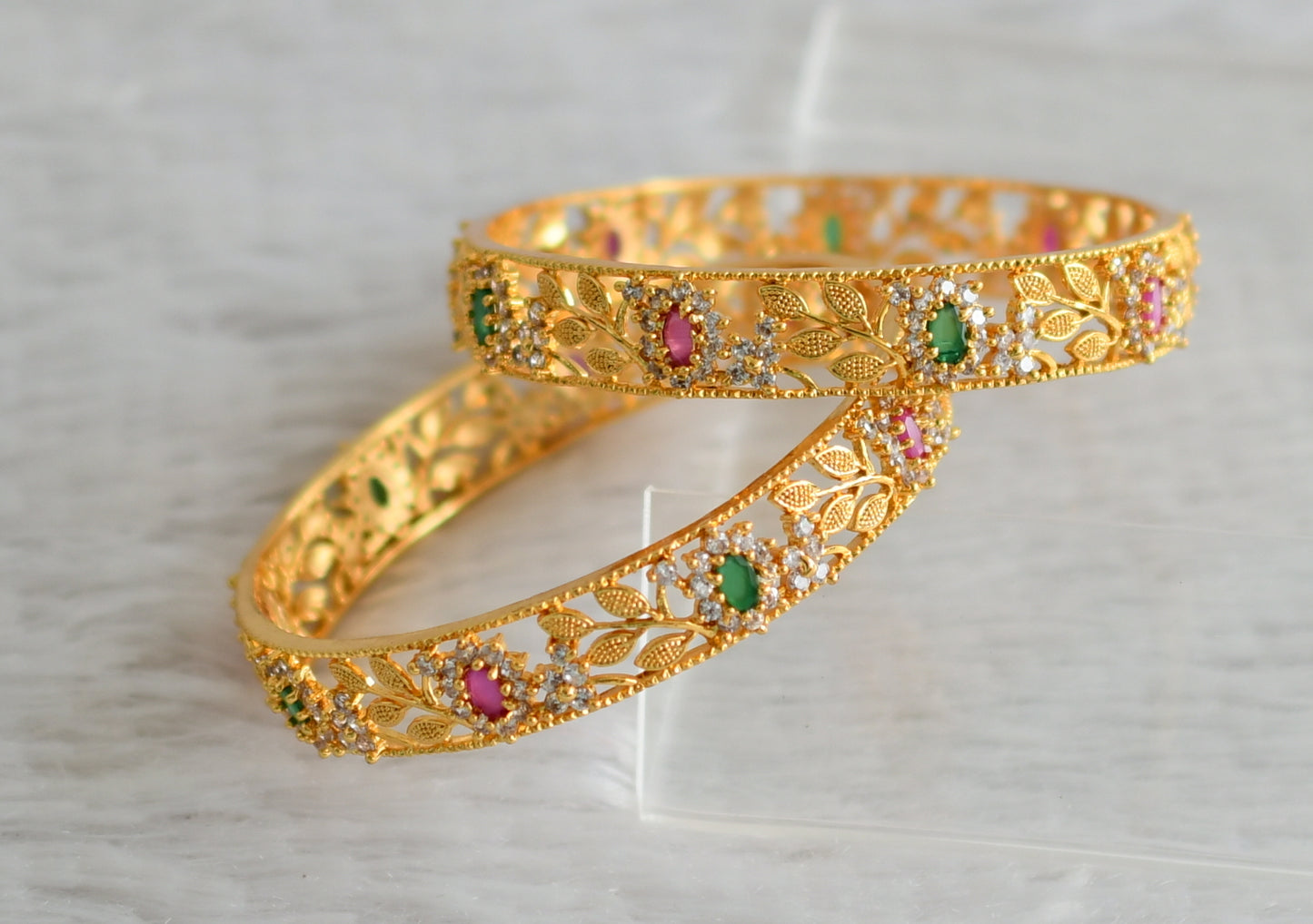 Gold tone ruby-green-white flower bangles(2.4) dj-48135