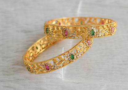 Gold tone ruby-green-white flower bangles(2.6) dj-48136