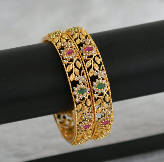 Gold tone ruby-green-white flower bangles(2.10) dj-48138