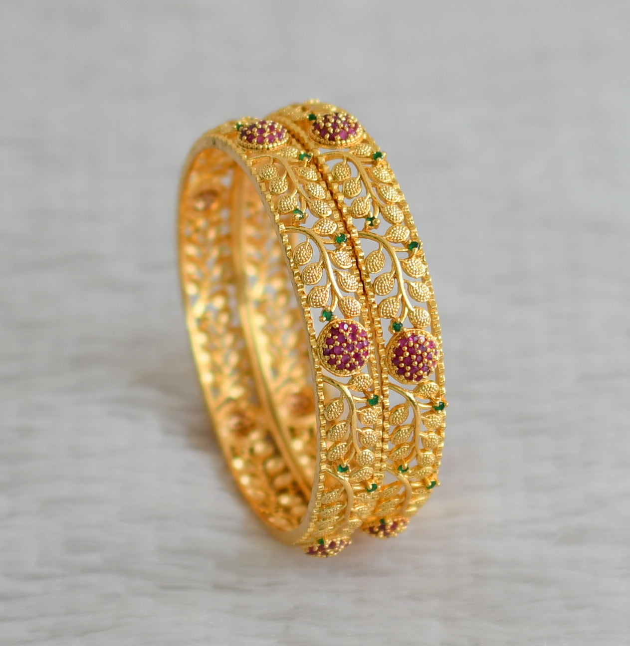 Gold tone ruby-green leaf bangles(2.4) dj-48142