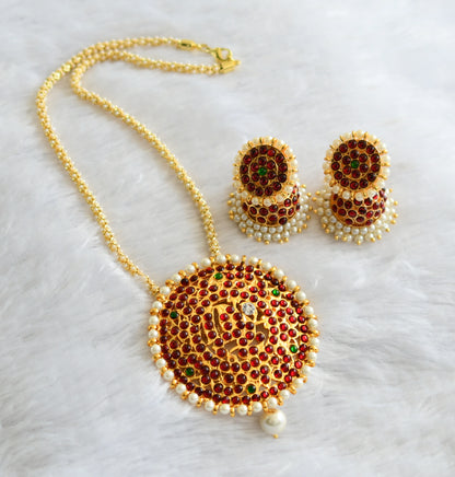 Gold tone kemp-green round big pendant pearl temple necklace set dj-02803