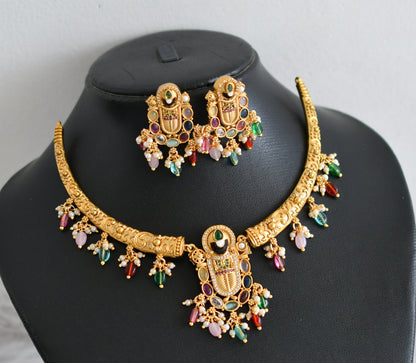 Matte finish navaratna stones thirumal hasli necklace set dj-45687