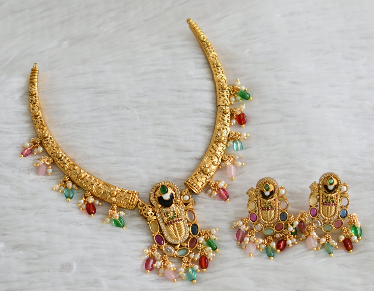 Matte finish navaratna stones thirumal hasli necklace set dj-45687