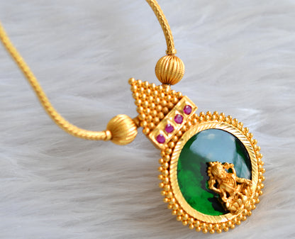 Gold tone kerala style pink-green lakshmi round necklace dj-43225