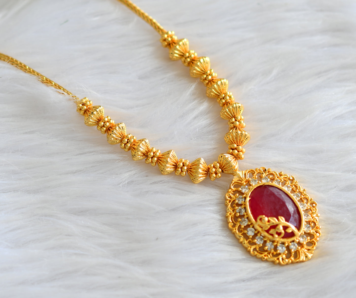 Gold tone cz white-red oval necklace dj-43265