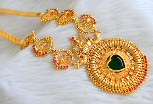 Gold tone pink-green lakshmi peacock round necklace dj-43246