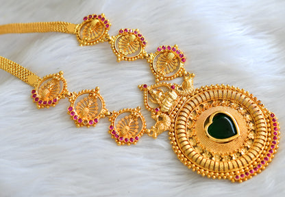 Gold tone pink-green lakshmi peacock round necklace dj-43246