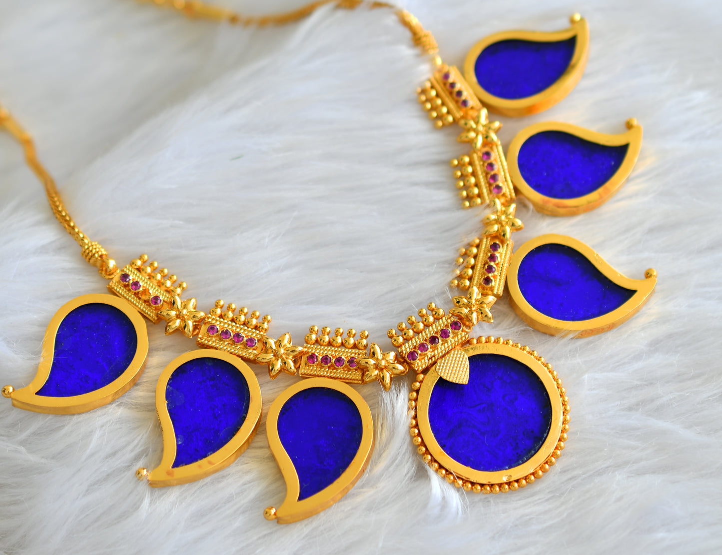 Gold tone kerala style big pink-blue mango necklace dj-43244