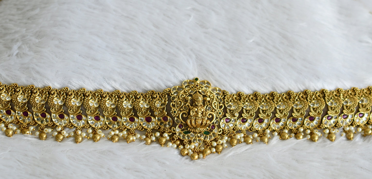 Antique gold tone kemp-green-white lakshmi peacock hip belt/chain dj-48347