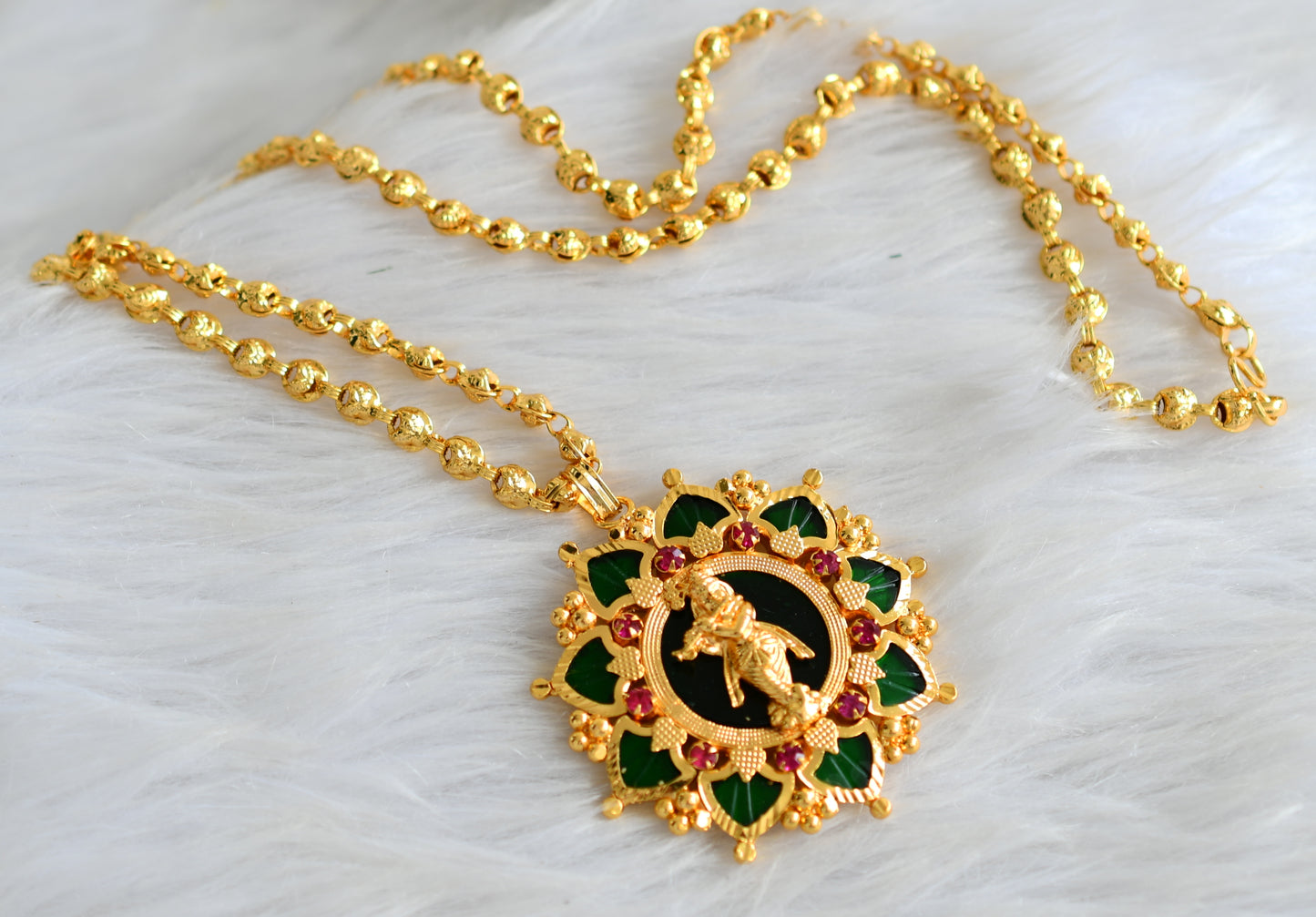 Gold tone kerala style 24 inches chain with pink green palakka krishna pendant dj-43219