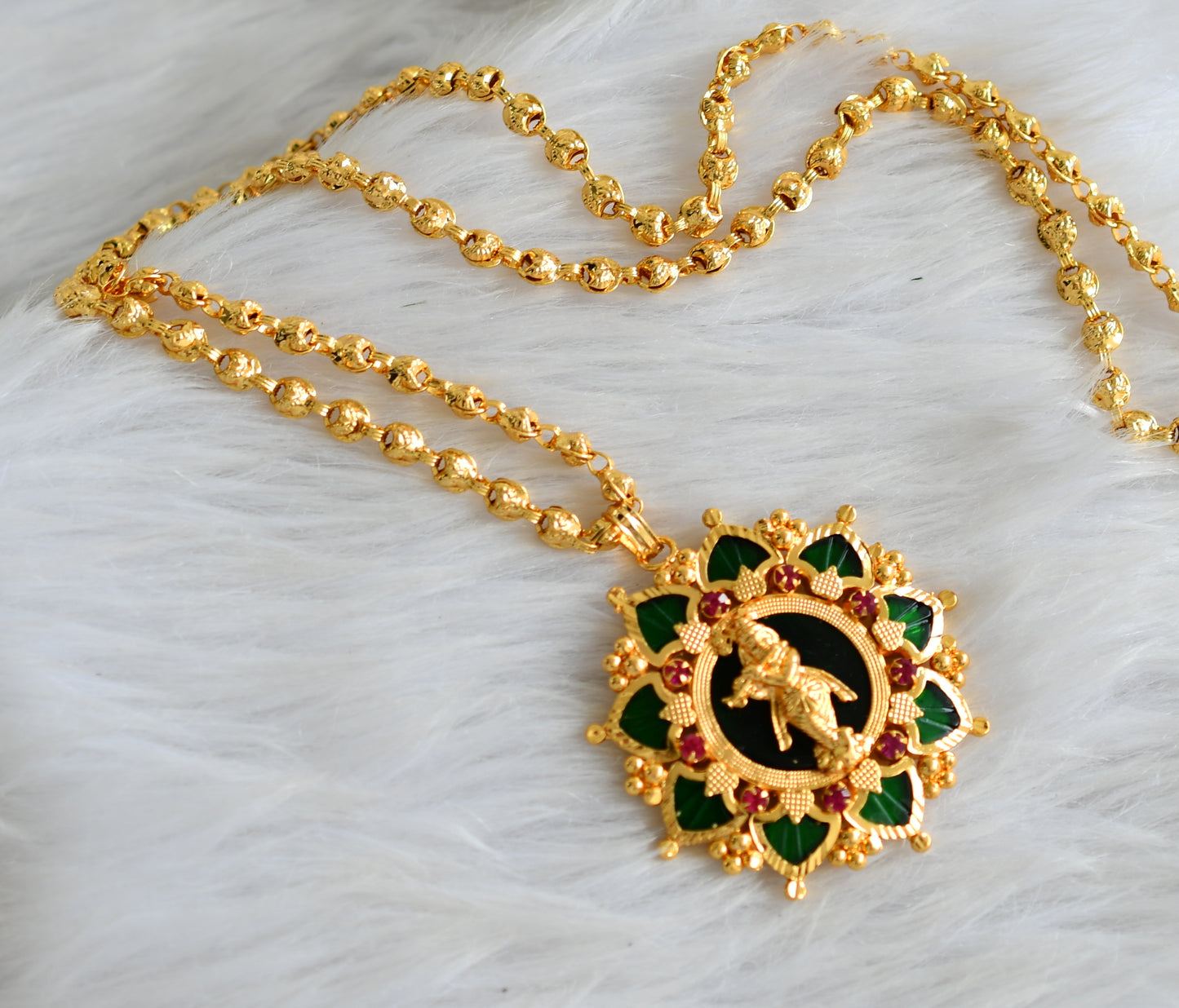 Gold tone kerala style 24 inches chain with pink green palakka krishna pendant dj-43219