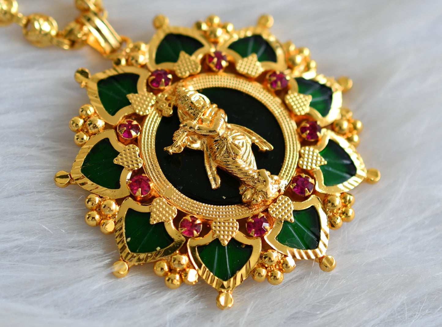 Gold tone kerala style 24 inches chain with pink green palakka krishna pendant dj-43219