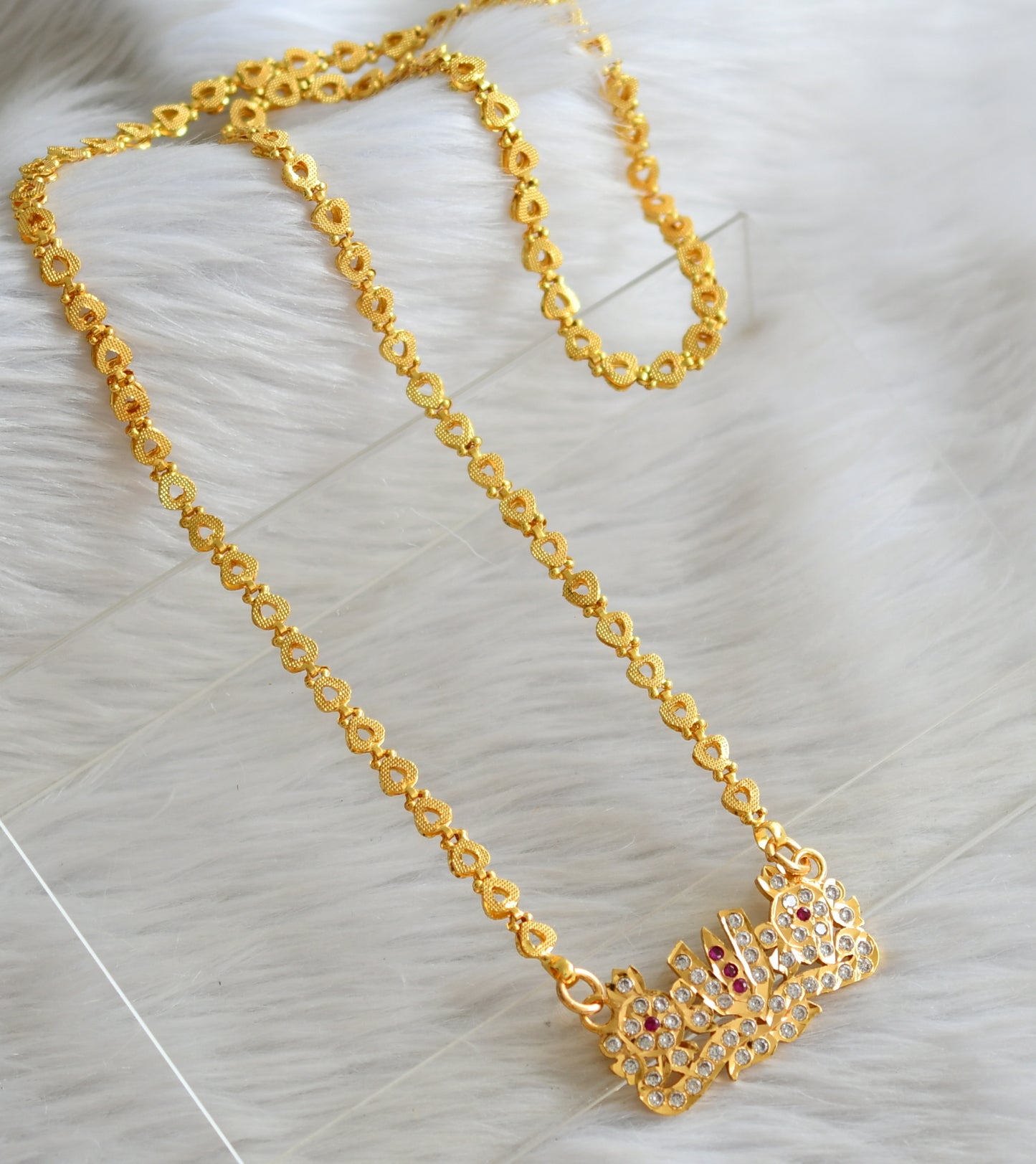 Gold tone 24 inches heart chain with ad pink-white shanku-chakra-nama pendant dj-44799